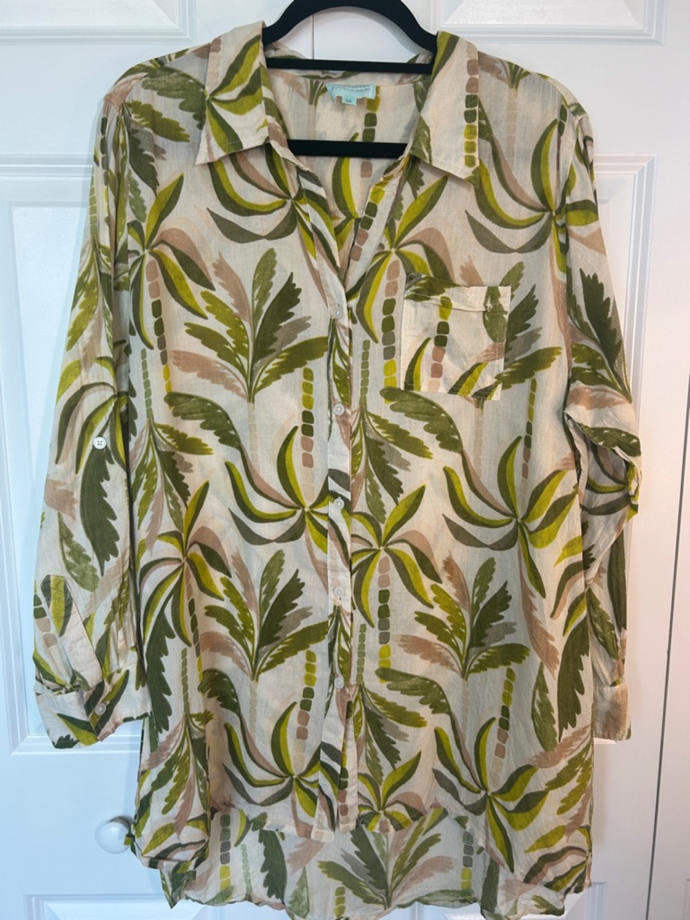 Women’s Lightweight Button-Up Top in Olive & Beige Leaf Print
